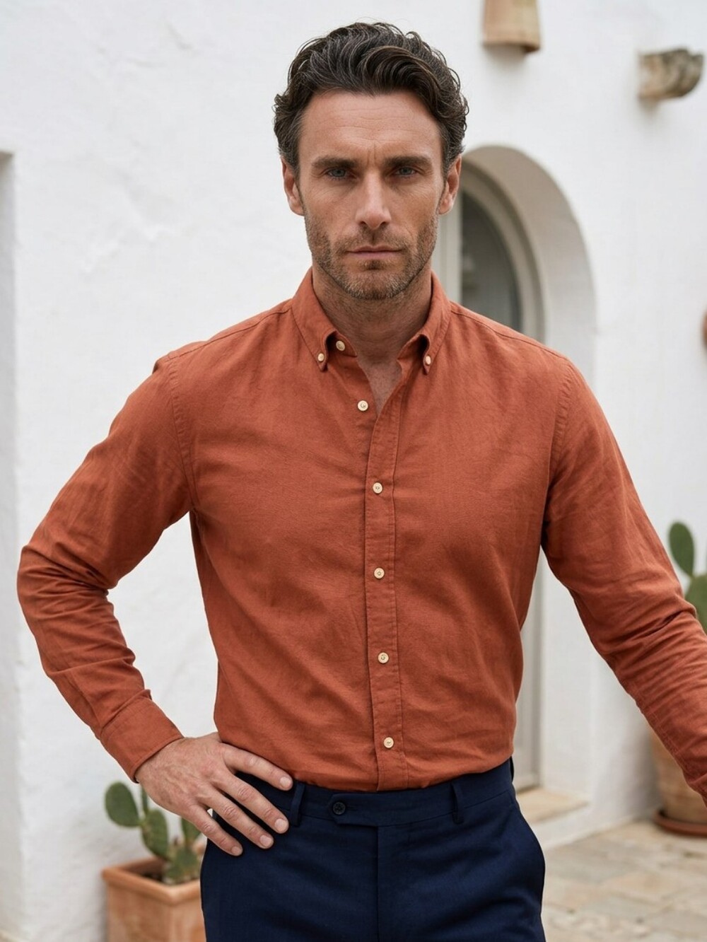 IZOD Premium Essentials Dress Shirt Men's Large Terra Cotta Button Down Cotton